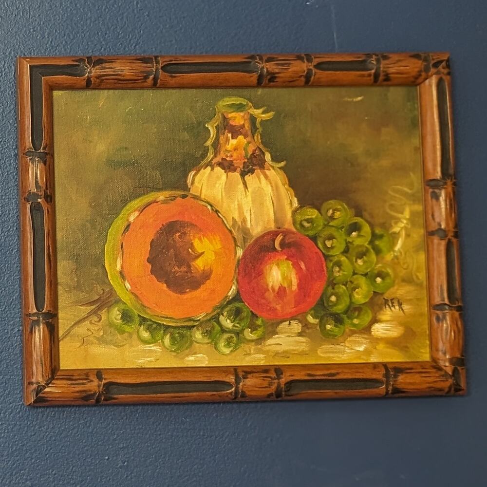 Vintage Signed REK Oil Painting Fruit Still Life Bamboo Framed Canvas Board OOAK